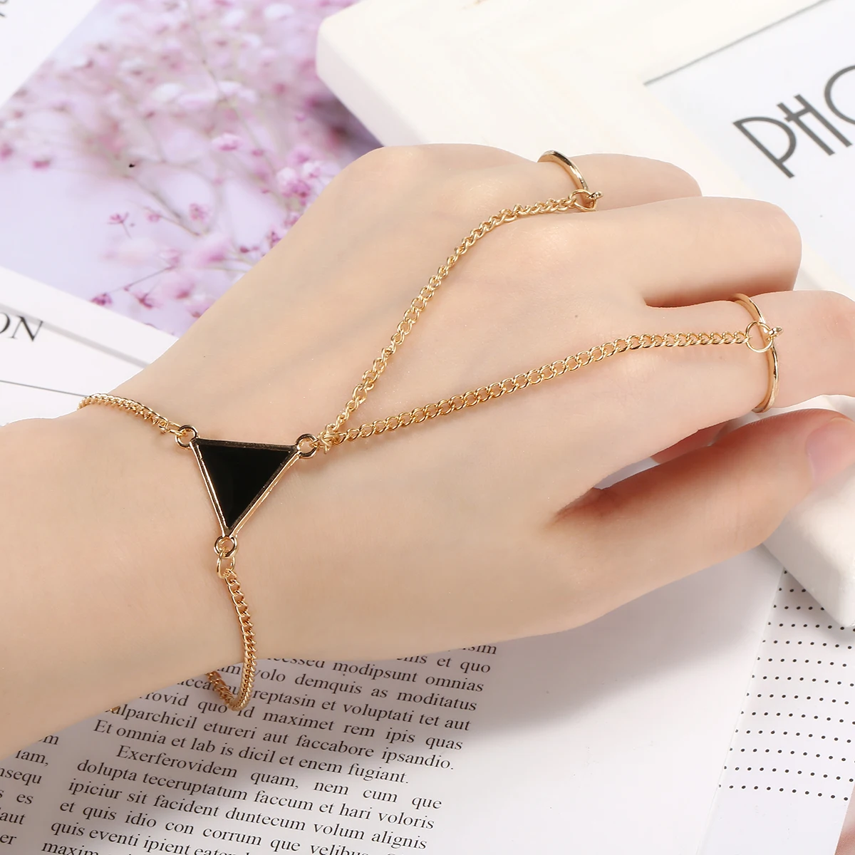 Punk Gold Triangle Chain Bracelet Bangle Jewelry For Women Girl Bohemian Beads Slave Finger Ring Bracelet Pulseiras Shellhard