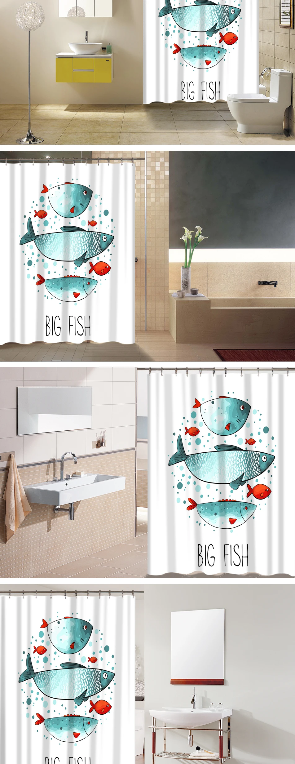 Океанский стиль, рисунок рыбы, полиэфирная ткань, водонепроницаемая занавеска для ванной, нескользящий коврик, набор для декора ванной комнаты отеля, 12 крючков