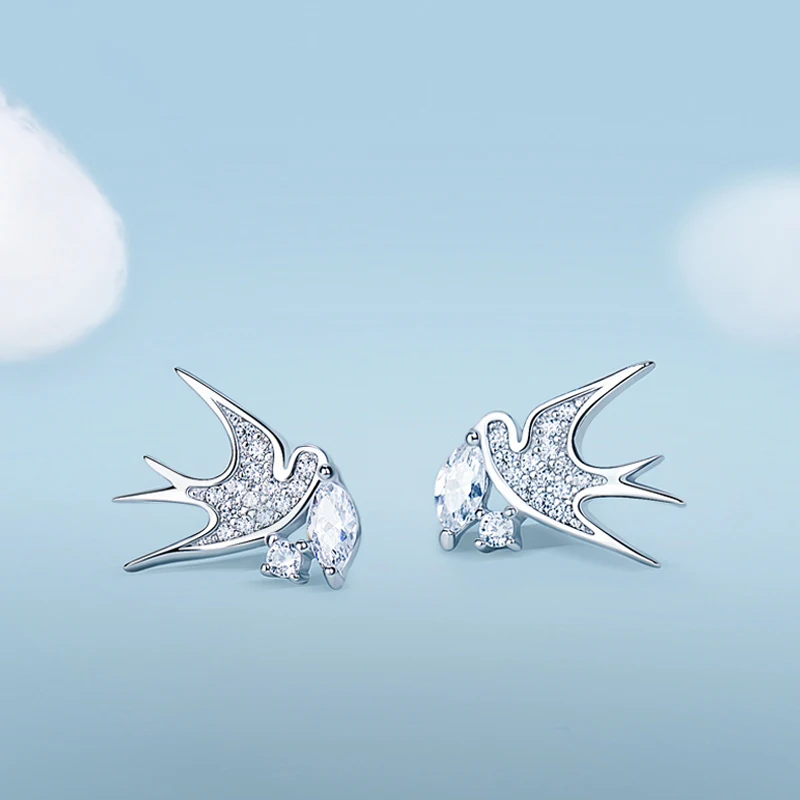 Новые серебряные серьги в виде ласточки, ручная работа, Pave CZ Циркон, маленькая птица, кристалл, серьги-гвоздики для женщин, девушек, вечерние ювелирные изделия