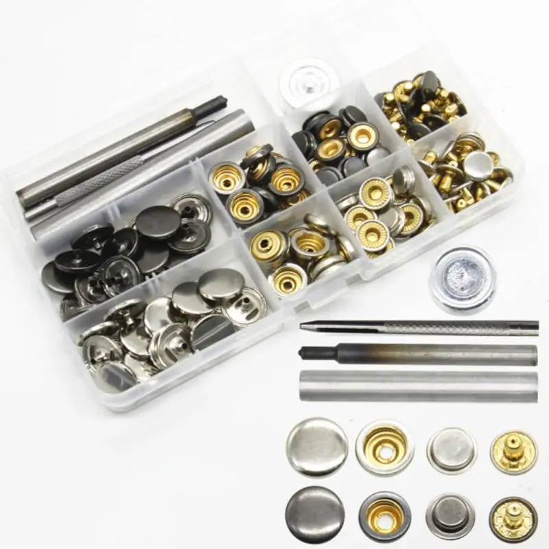 30 Sets Snap Fasteners Kit Metal Snap Buttons Press Studs with 4 Pieces Fixing Tools for Leather