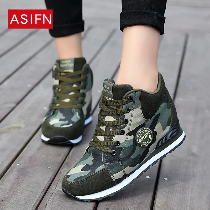

Fashion Women Sneakers High Heels Spring Autumn Camouflage Casual Shoes Woman Army Platform Wedges Height Increasing Shoes
