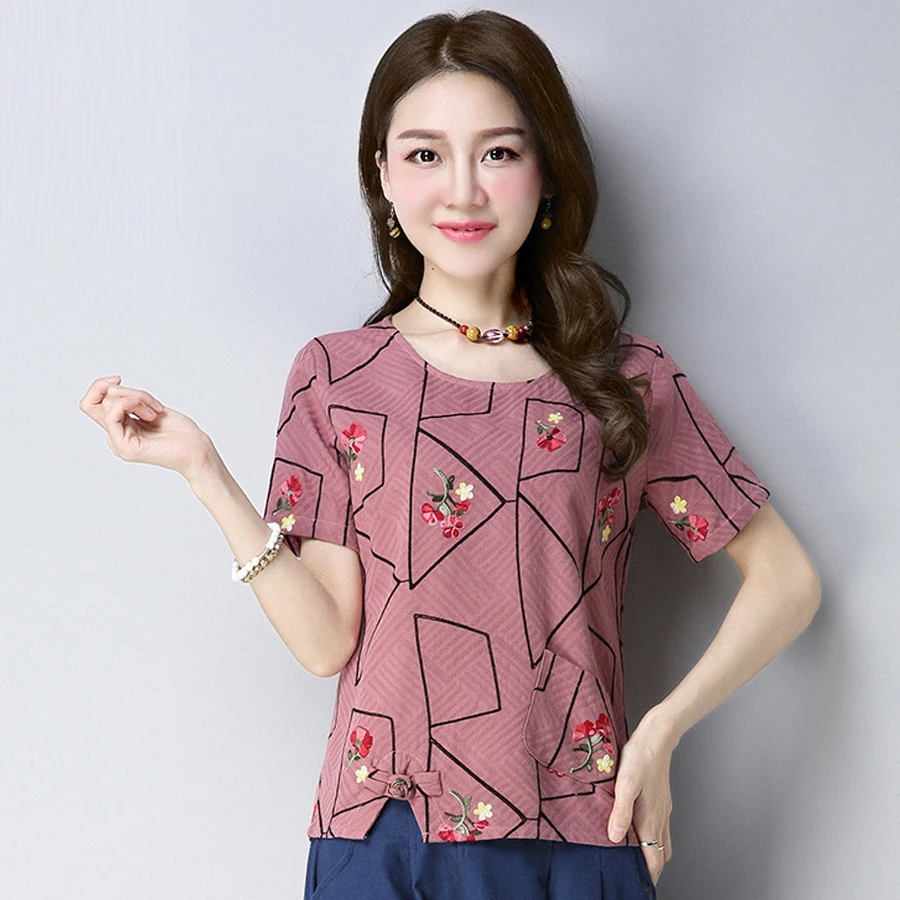 Summer Ladies Womens Short Sleeve Embroidery Placket Loose Linen Blouse , 3XL Shirt , Female