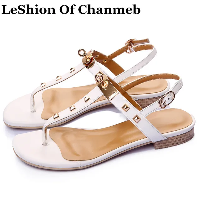 LeShion Of Chanmeb luxury brand golden metal lock deco women flat sandals black white brown female rivet shoes casual sandals 43