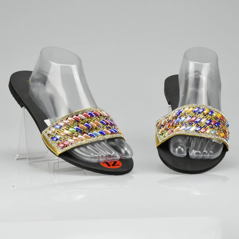 Pantoufles Dernières Chaussures Mode D'été Noir Strass Africain Mariage Haute or Qualité Talons argent Bas Sandales Pompes De T1qRn1F