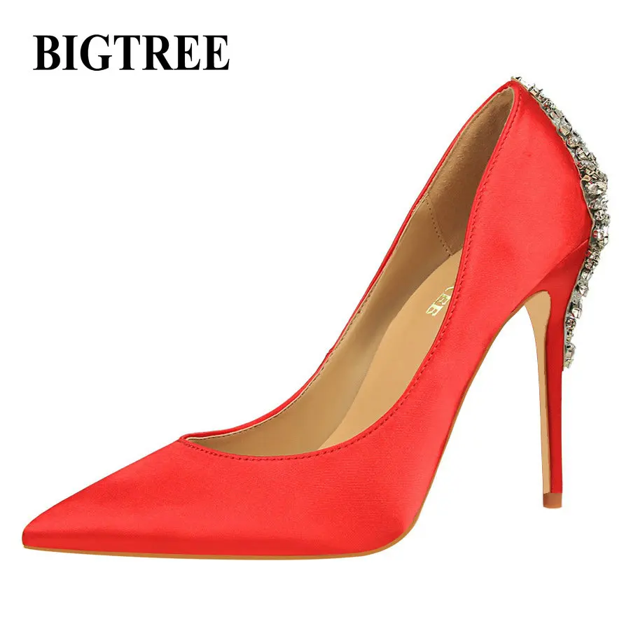 

BIGTREE New Luxury Elegant Pumps Star Shoes Rhinestone Satin High Heels Shoes Thin High-heeled Pointed Shiny Party Wedding Shoes