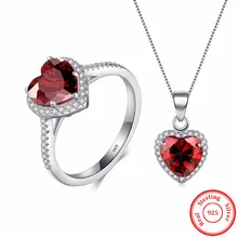 Коллекция года, наборы из твердого 925 пробы серебра, ювелирные изделия, красные сердца, кольцо, ожерелье, настоящая Свадебная подвеска с кристаллами, модная цепочка для женщин