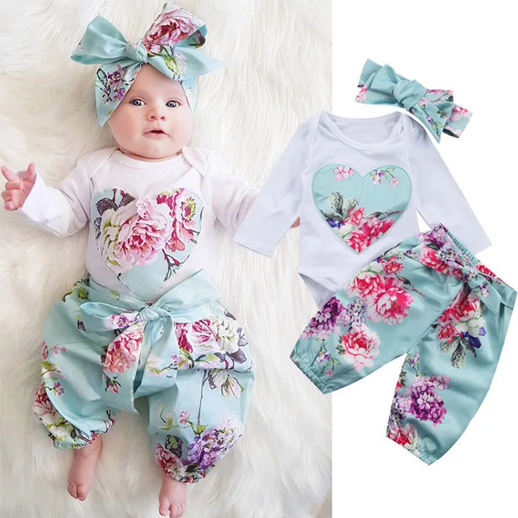 

2018 new baby girl clothes blue hearts romper Shirt PP and headbelt three pcs