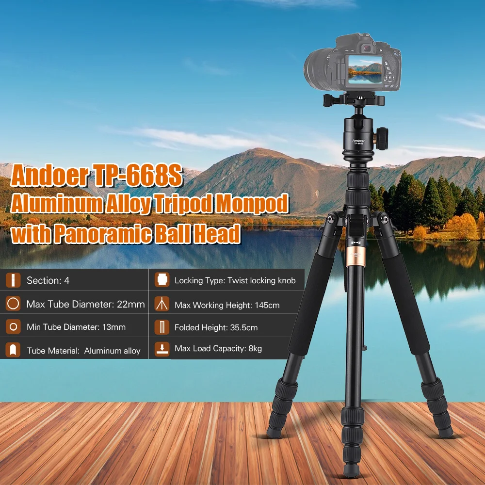 Andoer TP-668S Portable Aluminum Alloy Tripod Photography Travel Tripod Monopod with Panoramic Ball Head 4-Section Max Load 8kg