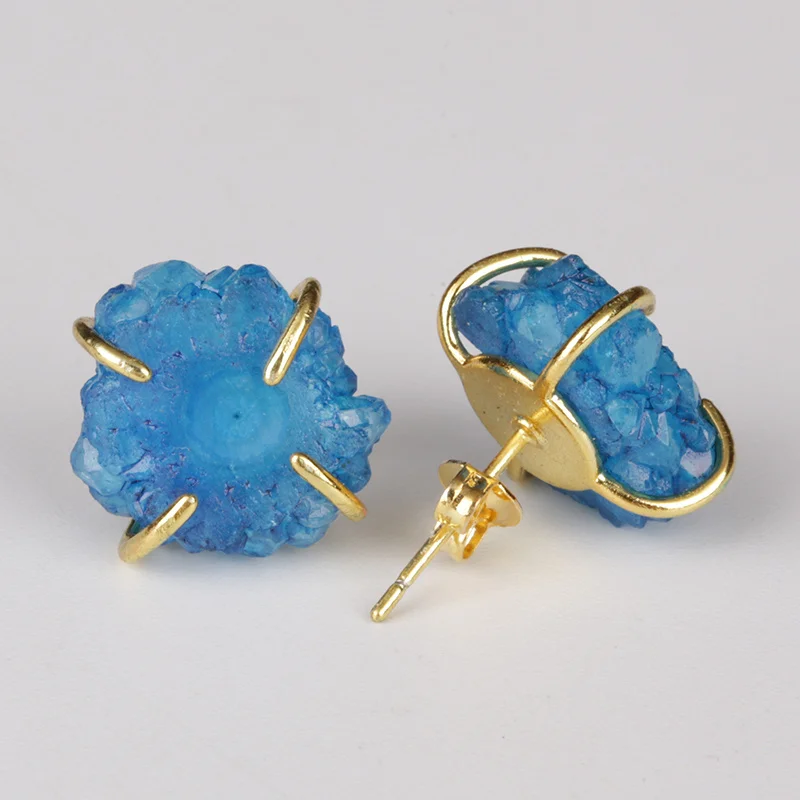 

thick blue natural solor druzy drusy stone slice claw wrap semi precious stone bead charm gold stud earring for women unisex
