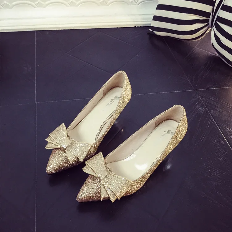 Женские золотистые туфли на высоком каблуке с пайетками; пикантные туфли с острым носком; серебристые женские туфли с бантом; туфли-лодочки на высоком каблуке - Цвет: Золотой