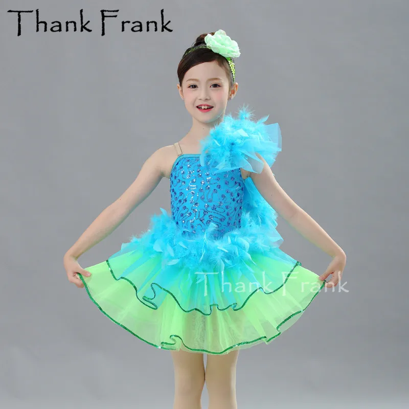 Балетное платье с перьями для маленьких девочек; платья для танцев с изображением павлина и синего цвета; балетная пачка с блестками для