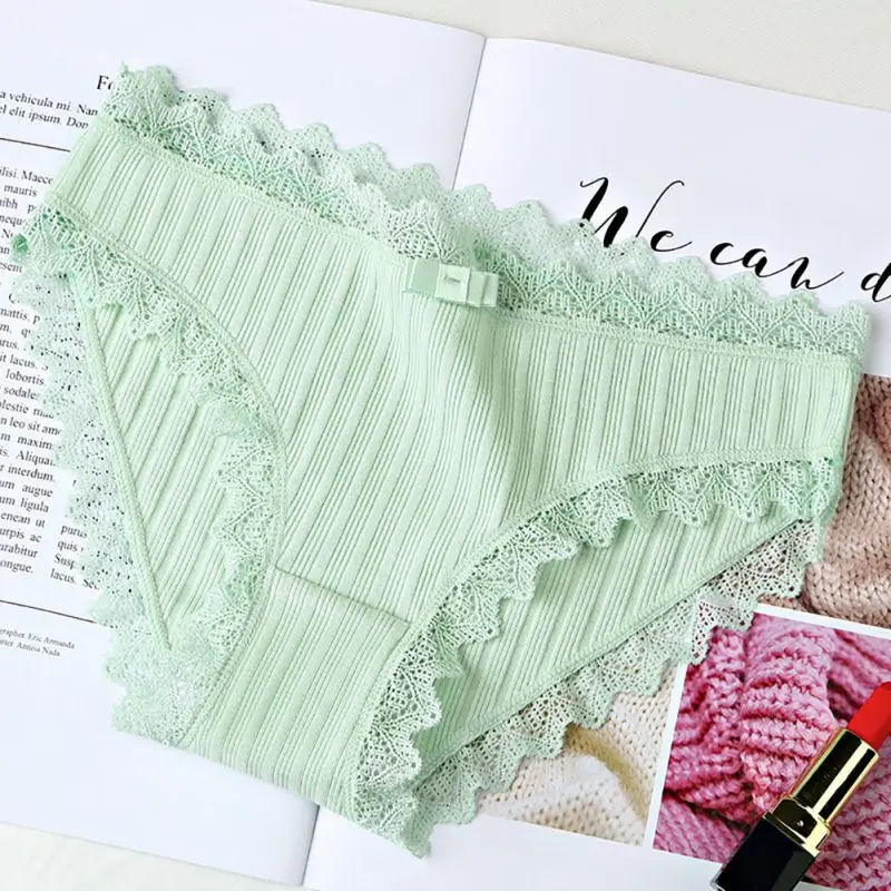 Women\'s Cotton Panties Female Solid Color Ribbed Breathable Briefs Sexy Lace Edge Underwear Plus Size New