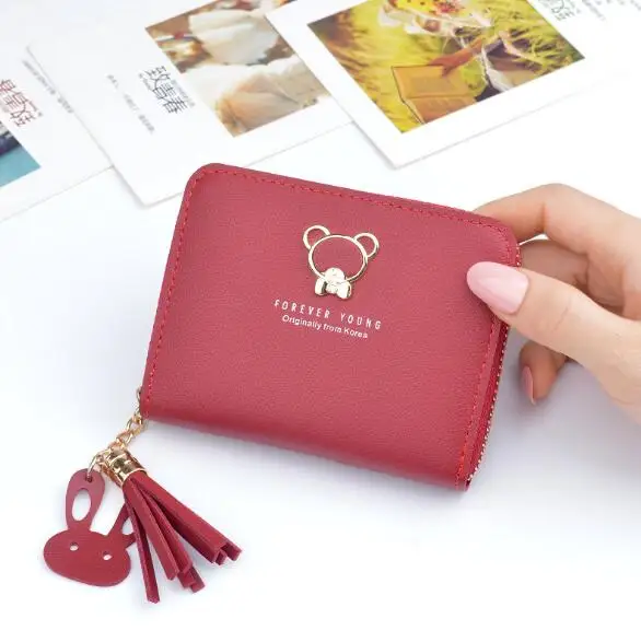 С бахромой кошелек для монет с медведем модный студенческий кошелек маленькая сумка для ключей мини-сумка для карт на молнии женский короткий маленький кошелек для карт - Цвет: lqb29-1