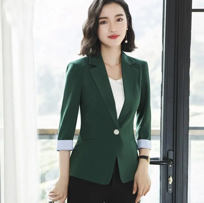 Dark Green Элегантные Деловые женские блейзеры, новинка, женские полосатые рабочие костюмы с рукавом три четверти, женские повседневные куртки, пальто на одной пуговице - Цвет: Dark Green