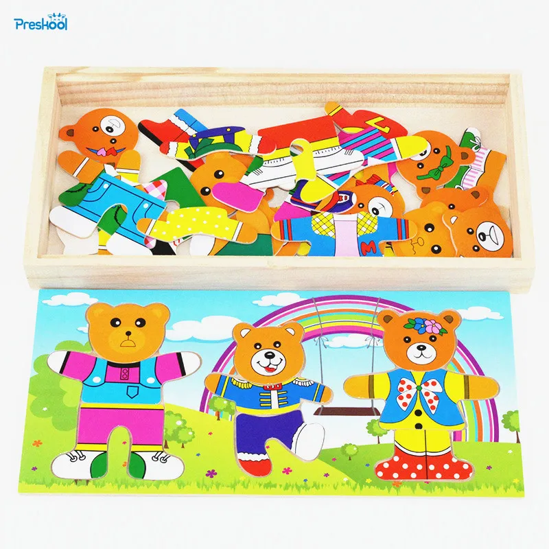 Montessori Baby Kids Toys Wood 3 Bears Dress Change Matching Puzzle Learning Educational Preschool Training Brinquedos Juguets