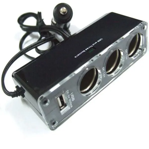 Car Accessories Auto Cigarette Lighter Socket 3 Jacks/1 USB Slot