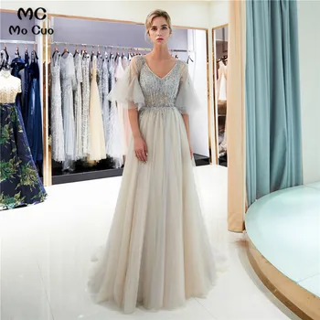 

Elegant Prom Dresses with Beaded Crystals V-Neck Cap Slevees Tulle Sweep Train Evening Gown Prom Dresses Custom Made