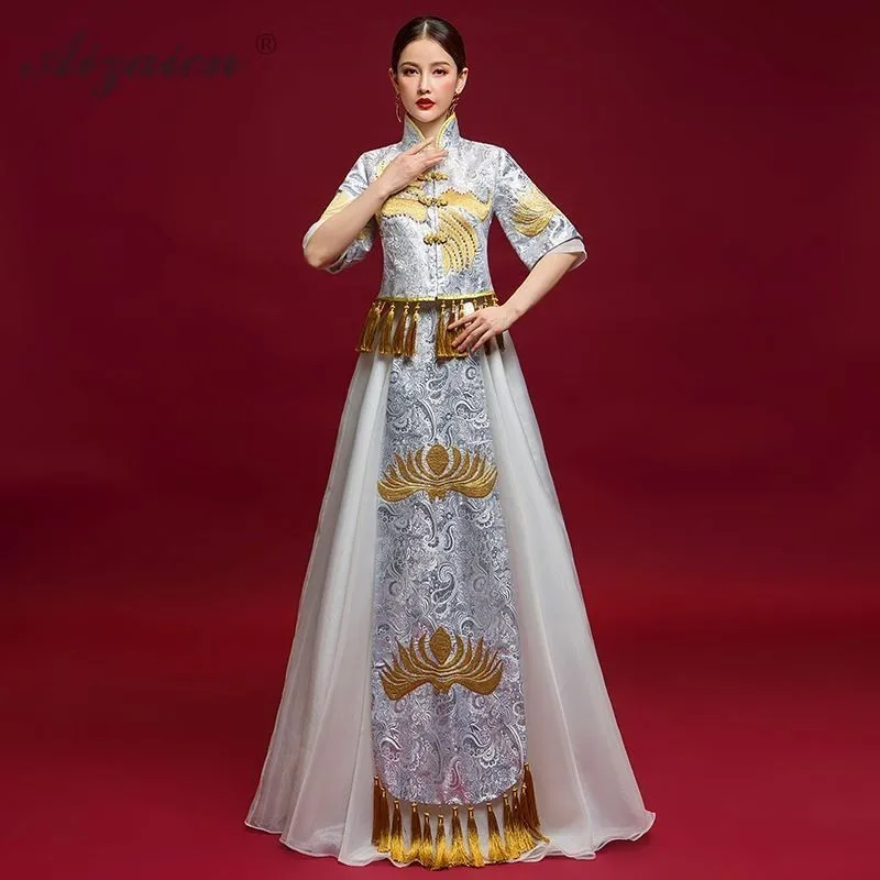 

White Chinese Traditional Dress Qipao Modern Long Evening Gown Oriental Style Tassel Embroidery Cheongsam China Slim Dresses