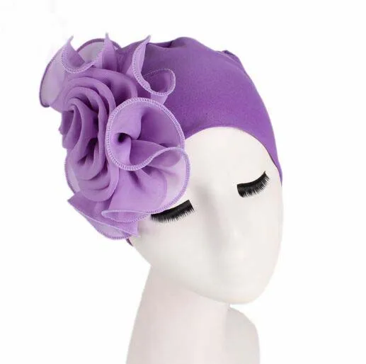 XEONGKVI NewSide большой цветок бамбуковое волокно стрейч ткань Skullies Beanies Мода весна осень женская шапка элегантная шапочка для химиотерапии - Цвет: Фиолетовый