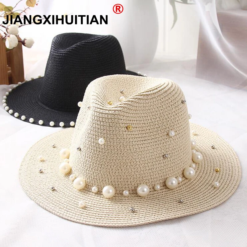 Summer Women Beach Straw Hat Jazz Sunshade Panama Pearl Fedora Hats Gangster Cap UV Protection Panama hat 