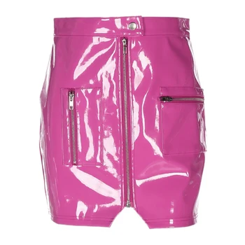 

2019 Women Black White Pink Sexy High Waist PU Short Skirts Elegant Zipper Pocket Avove Knee Mini Skirt