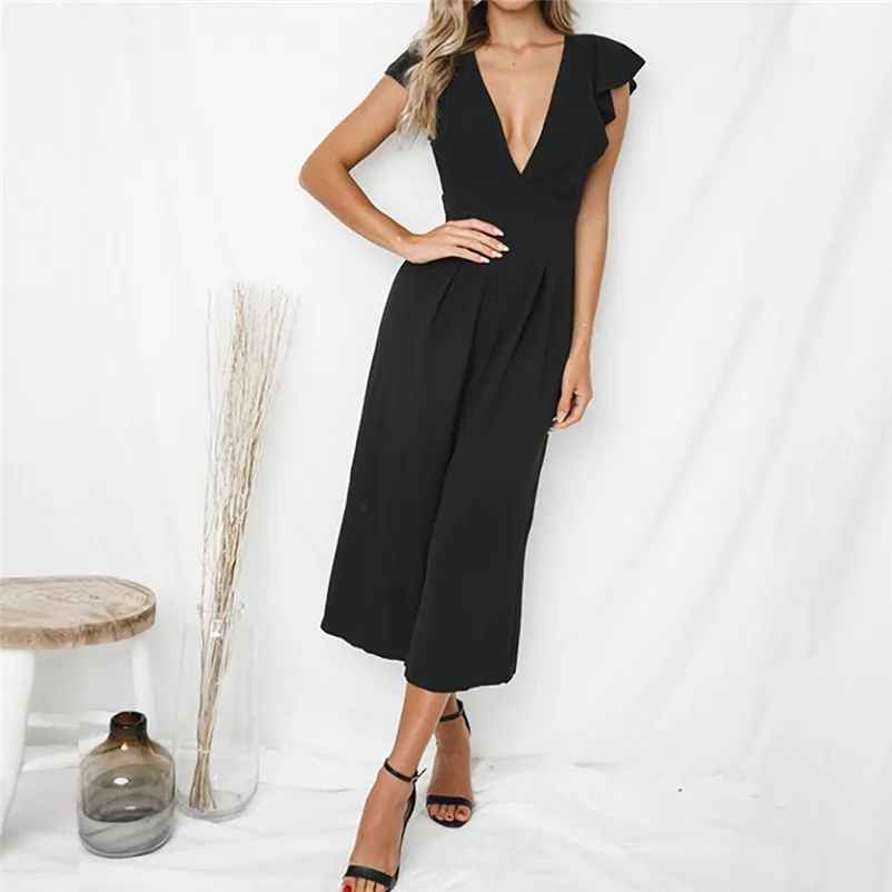 Fashion summer jumpsuit woman 2018 Sexy Deep-V Rompers Solid Short Sleeve Ruffles Long Jumpsuit pantaloni siamesi Y12#N (4)