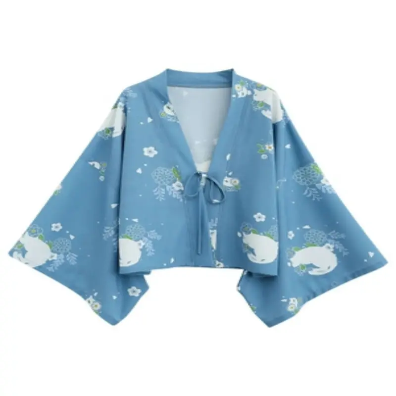 

Cat Print Blue Japanese Kimono Cardigan Coat V-neck Collar Full sleeve Kimono Yukata Spring Women's Cardigan Outwear