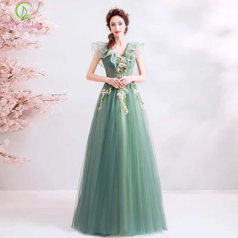 

SSYFashion New Long Prom Dress Fresh Green V-neck Lace Flower Floor-length Evening Party Formal Gowns Vestido De Fiesta