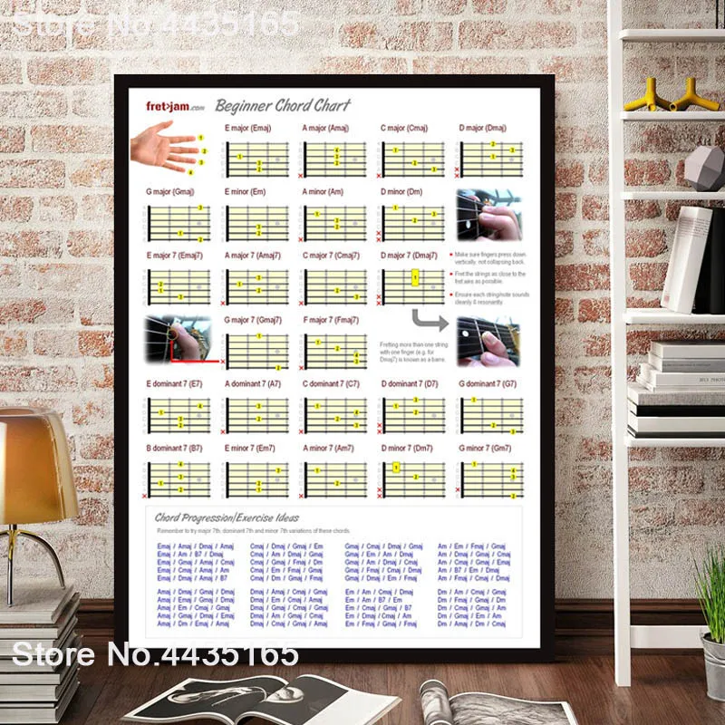 Гитара Chord диаграмма плакат настенное искусство фортепиано Chord инструкция плакаты и принты Картина на холсте для гостиной дома деко