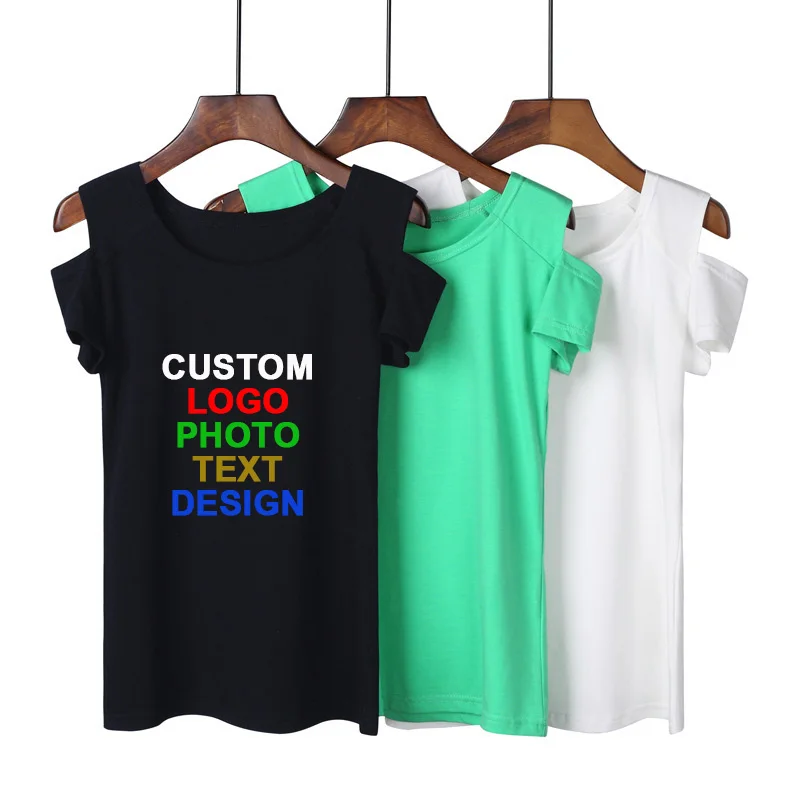 

Slim Off shoulder sexy women Tees shirt Custom logo photo text advertising printed female tops t-shirt short sleeve lady t shirt