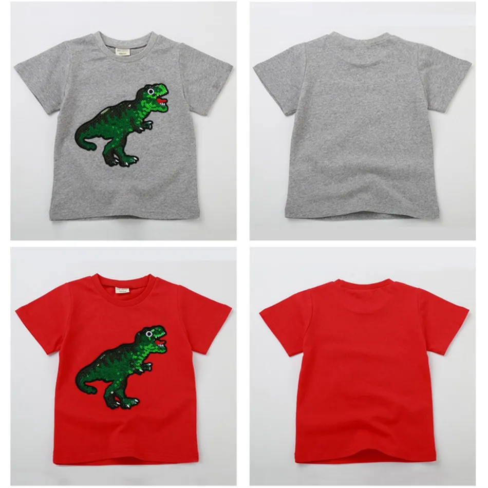 VOGUEON/Летняя футболка с единорогом для мальчиков; детская Двусторонняя Футболка с волшебными блестками; детская повседневная одежда с изображением динозавра для девочек; топы; От 2 до 8 лет