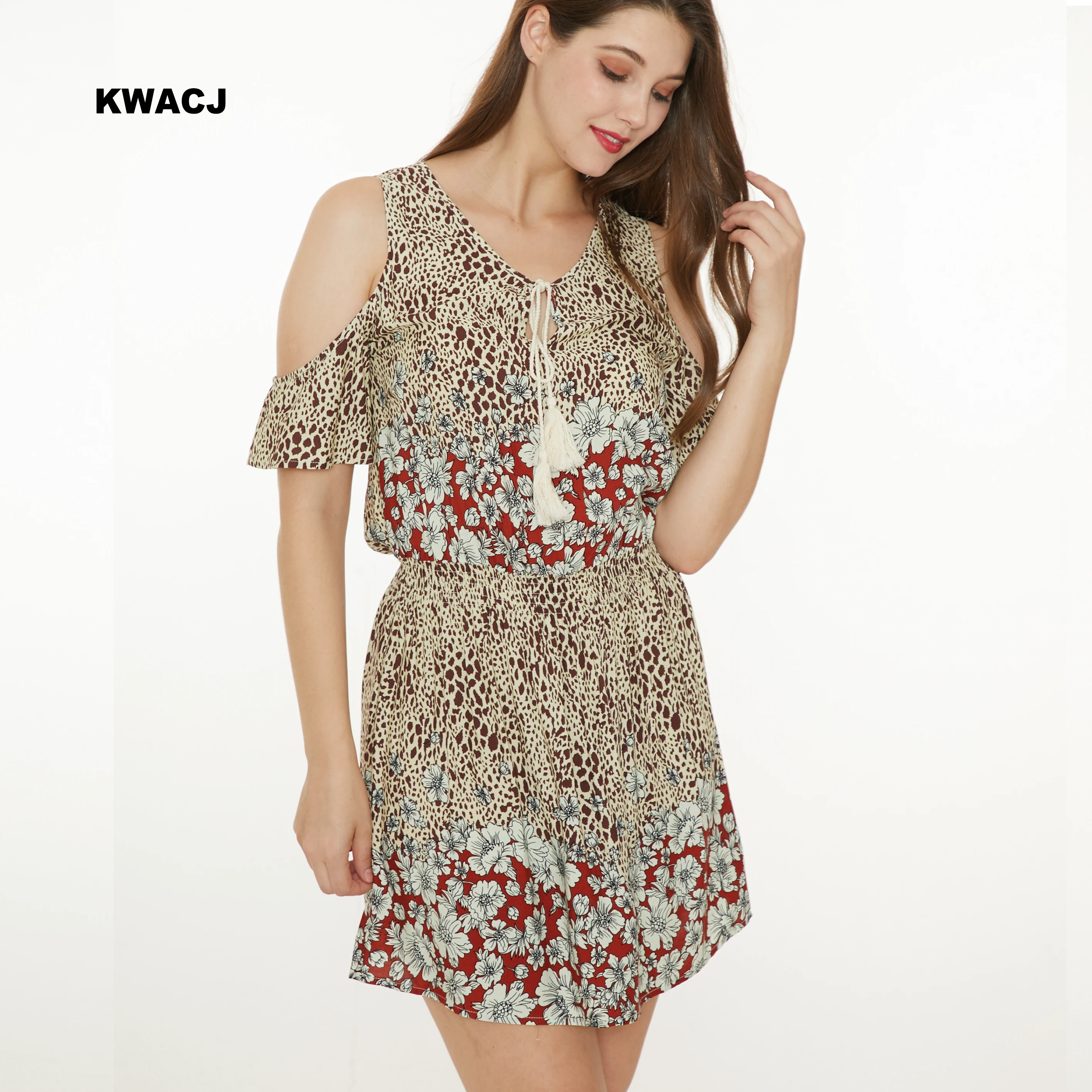 

KWACJ Floral and Leopard Blouse 2019 Women Dresses Summer Cold Shouder Sexy Tunique Mini Dress Boho Elegant ShortSleeve Sundress