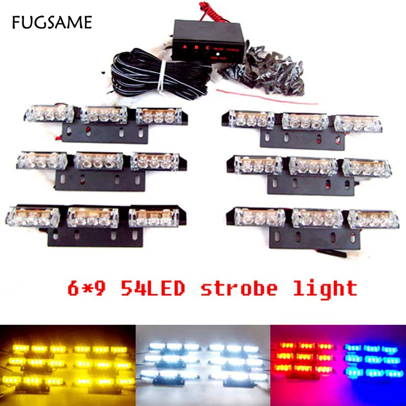 

6*9 54 LED warning lights Flash Light.Police Car Light Flashing Emergency Firemen Lamp 3 Mode 12V. Red + blue light
