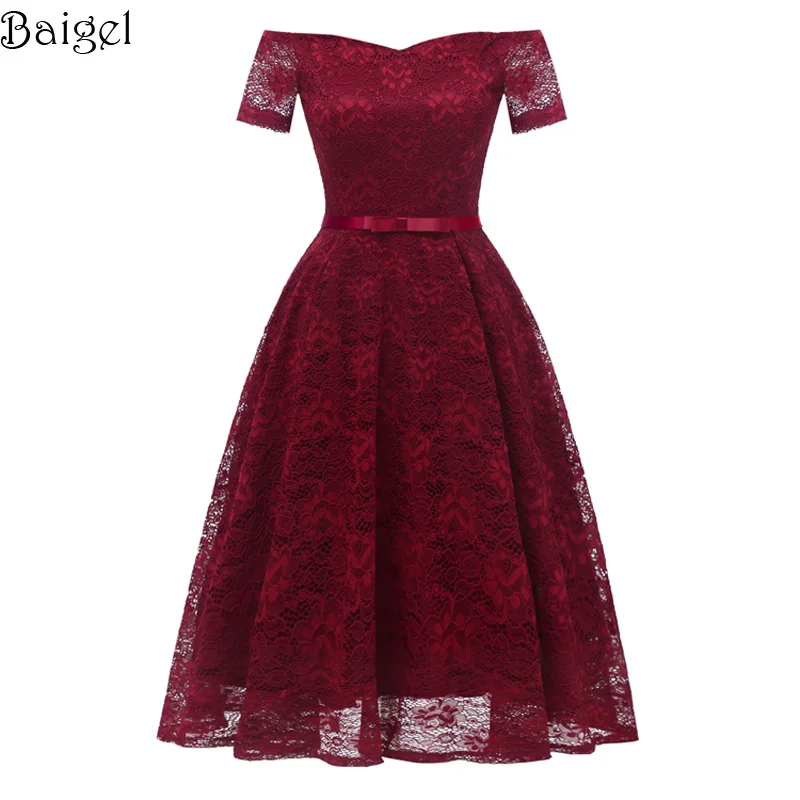 Women Short Sleeve Floral Lace Sexy Dress Off the Shoulder Wedding Party Dress Bridesmaid Robes Rockabilly Vintage Dress  (4)