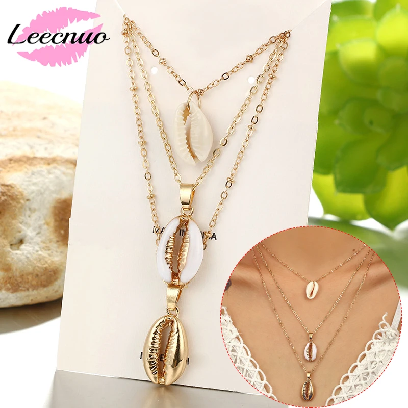 

Leecnuo 3 Layers of Shells Women Necklaces Bohemian Jewelry Pendant Chain Necklaces for Women Fashion Ocean Sea Beach Necklaces