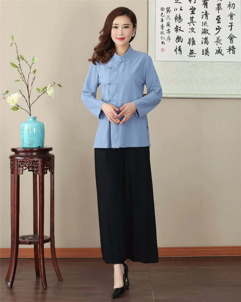 Novelty Desain Tombol Blus Wanita China Katun Linen Kemeja Longgar