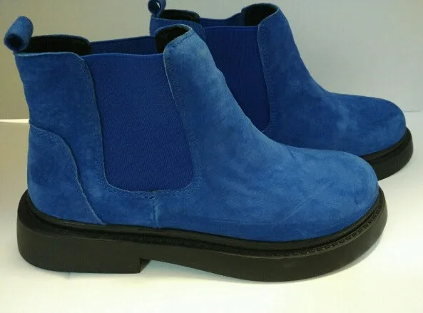 Весенние матовые ботинки «Челси» из натуральной кожи; женские повседневные ботинки; модная женская обувь в консервативном стиле; обувь на плоской подошве; 7 ярких цветов - Цвет: Blue with black sole