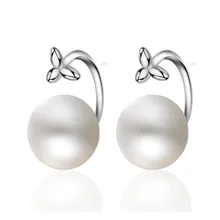 

925 pure silver pearl ear studs, female elegant, sweet leaves, silver rear hanging LADIES EARRINGS. A218