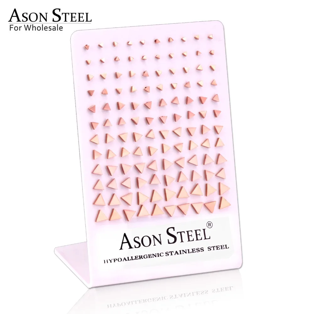 ASON стальные оптовые продажи, спортивные ювелирные изделия из розового золота, серьги из нержавеющей стали, треугольные серьги-гвоздики, размеры от 3 мм до 8 мм, 60 пар/лот