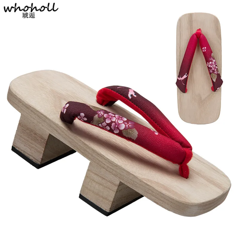 

WHOHOLL Summer Sandals Women Wooden Geta Japanese Clogs High-heeled Two-teeth Clog Floral Paulownia Wooden Slippers for Female