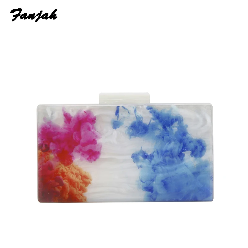 

Pearlescent White Printing Colorful Landscape Women Messenger Acrylic Bag Lady Flap Clasp Box Purse Handbag Acrylic Clutch Bags