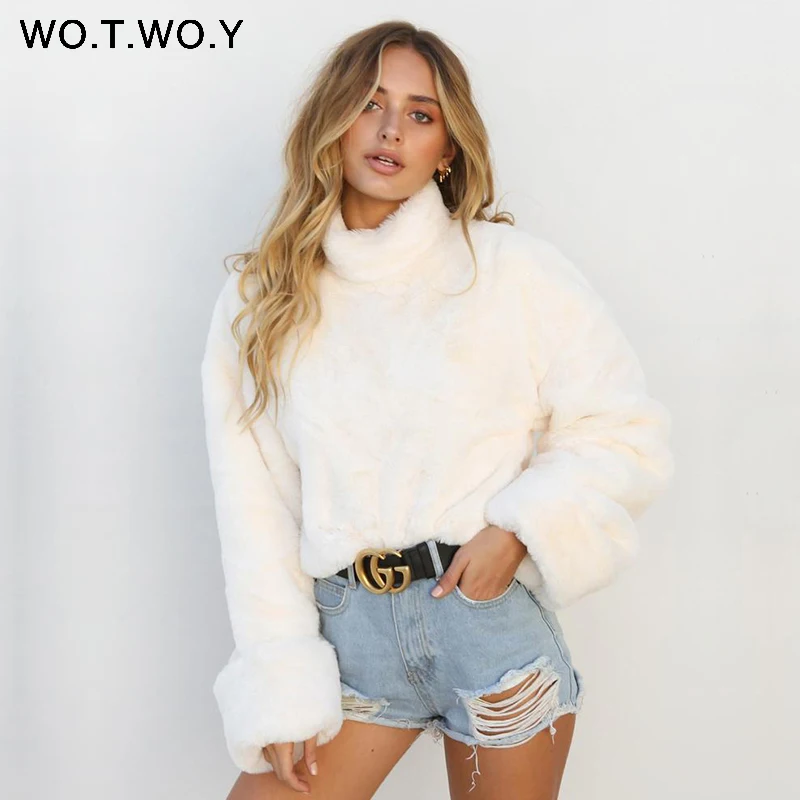 WOTWOY Thick Lambswool Winter Jacket Women Faux Fur Wool Coats Women Outerwear Warm Back Zippers Crop Teddy Jackets Women 2018