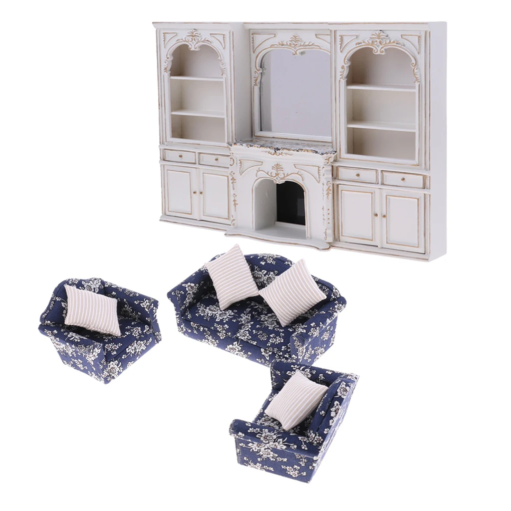 Luxury Miniature Wooden Display Cabinet Floral Sofa Couch 1/12 Dolls House Furniture Room Items Accessories