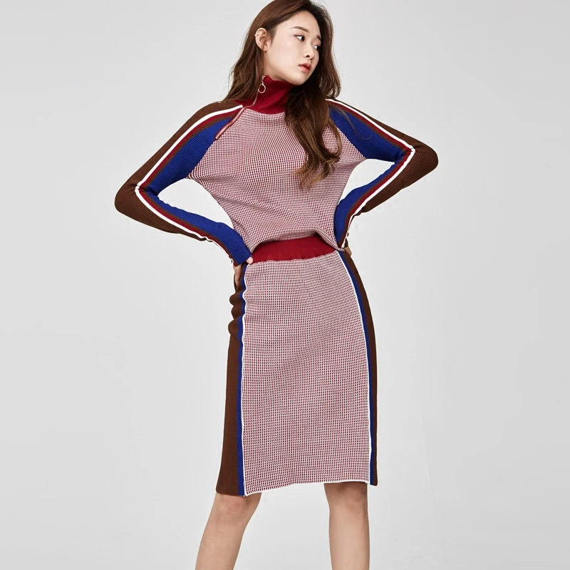 

Women New Knitting Sweaters and Skirts 2pcs Suits Winter Turtleneck Pleated Midi Skirt Thin Knitted Graceful Suits