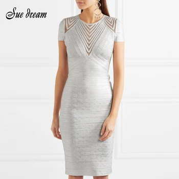 

2018 Winter new women dress o neck bandage dress sexy bodycon striped dress silver celebrity party dresses vestidos wholesale