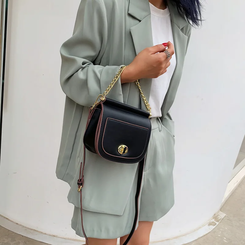 

2019 Stylish Solid Color Lady Shoulder Bag High Quality Pu Leather Chain Handle Single Strap Women Messenger Bag Handbags Black