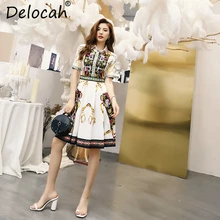 Delocah 2019 Women Spring Summer Dress Runway Fashion Designer Short Sleeve Geometric Printed Elegant Vintage Vacation Dresses