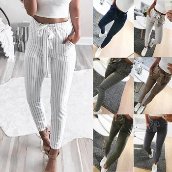 

Hot Women Lady Ankle-length Pants Trousers Fashion Middle Waist Lace Up Slim With Belt SMA66