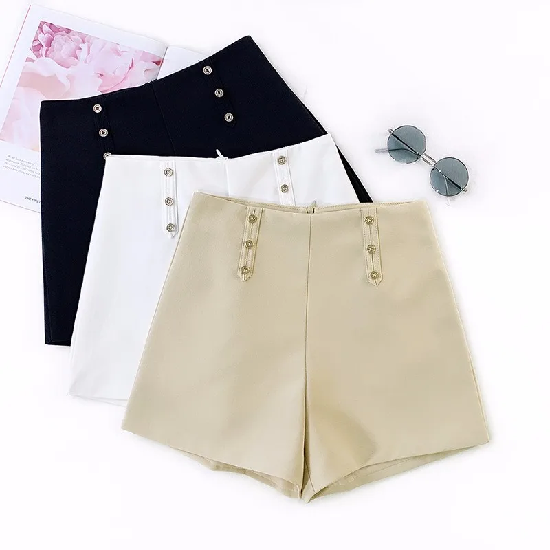 

DeRuiLa Dy 2019 New Women High Waist Solid Color Button Office Lady Shorts Summer Casual Temperament Style Ladies Loose Shorts