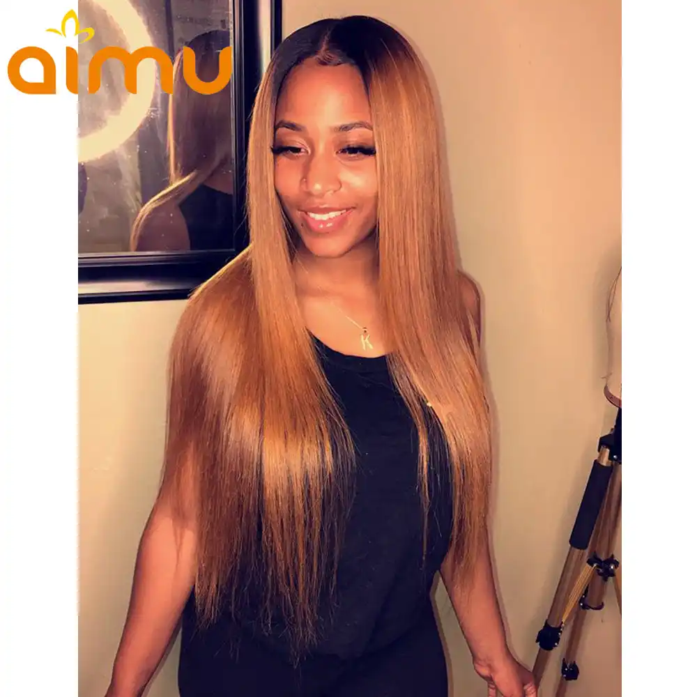 1b 27 Dark Roots Honey Blonde Lace Front Hair Wigs Long Straight